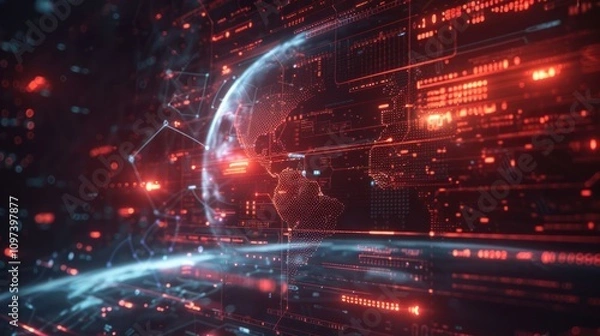Fototapeta A digital representation of a global network with data visualization elements.