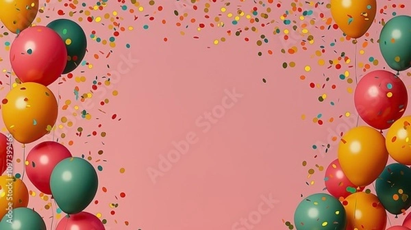 Fototapeta Celebration with Colorful Balloons and Confetti on a Pink Background for Festive retro Designs, Perfect for Parties and Special Events