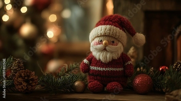 Fototapeta A cozy knitted Santa ornament placed among festive Christmas decorations on a rustic wooden table, with warm, soft lighting