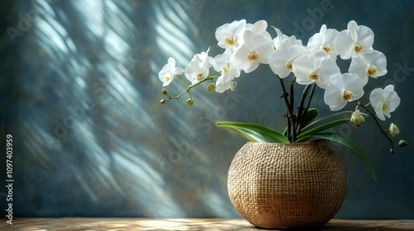 Fototapeta A white orchid is placed in a woven bamboo basket vase, highlighting the natural and elegant simplicity. The contrast between bamboo weaving texture and white orchid petals creates a serene design.