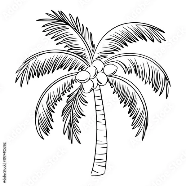 Fototapeta Palm Tree Line Art Drawing - Vector Illustration