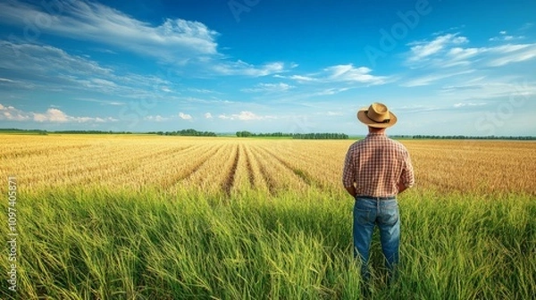 Fototapeta Farmer standing in the middle of a vast green wheat field under a clear blue sky symbolizing modern farming techniques and agricultural innovation
