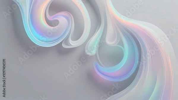 Fototapeta Abstract holographic swirls in soft gradient hues framing light gray background with modern elegance