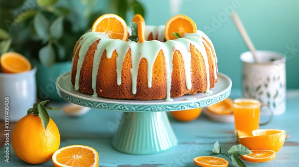Fototapeta Bundt cake. A vibrant orange bundt cake with a glossy icing, garnished with orange slices, set against a cheerful background with fresh oranges.