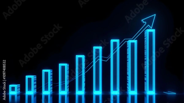 Fototapeta Glowing blue bar graph, neon digital chart, upward trend arrow, financial growth visualization, futuristic statistics display, dark background
