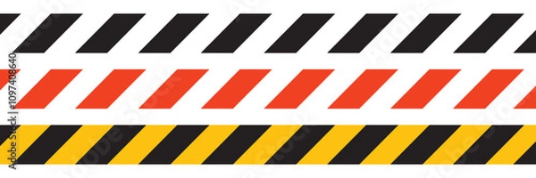 Fototapeta Warning tape with yellow and black diagonal stripes. Warn stop seamless line. Vector illustration on white background. Blank vector illustration warning background. Long danger ribbon