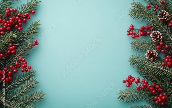 Obraz Elegant festive evergreen branches with red berries set against a serene turquoise background, perfect for Christmas designs, holiday cards, or seasonal invitations.