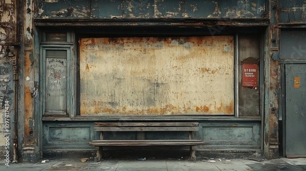 Fototapeta Abandoned shop front with boarded-up windows and a bench.