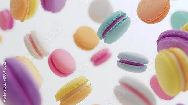 Fototapeta Colorful Macarons in Midair, Light and Airy Confectioneries Floating Against a Bright Background, Perfect for Sweet Treat Themes and Dessert Photography