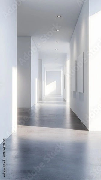 Fototapeta A modern interior with empty white walls and concrete flooring, ideal for art exhibition or gallery space, with bright lighting. 3D Rendering