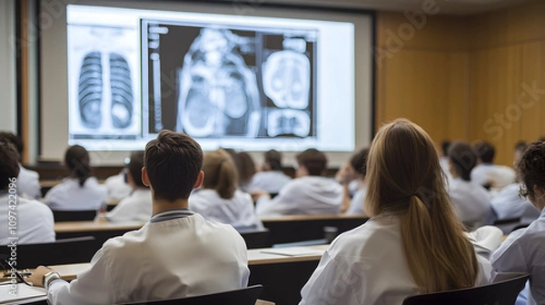 Fototapeta Medical students attending a lecture on radiology with x-ray images projected on large screen in modern classroom setting