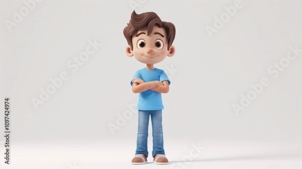 Fototapeta Cheerful cartoon boy standing with arms crossed.