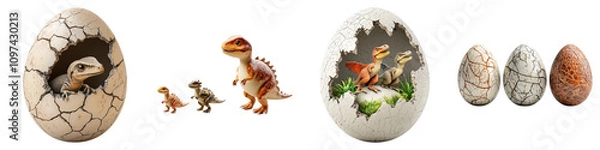 Fototapeta dinosaur on Transparent Background concept. A series of dinosaur eggs, including a cracked egg revealing a dinosaur, alongside various decorative dinosaur-themed eggs.