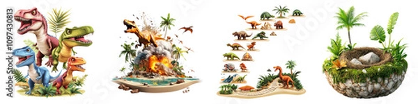 Fototapeta dinosaur on Transparent Background concept. A vibrant diorama featuring various dinosaurs and lush vegetation, depicting scenes of prehistoric life in dynamic arrangements.