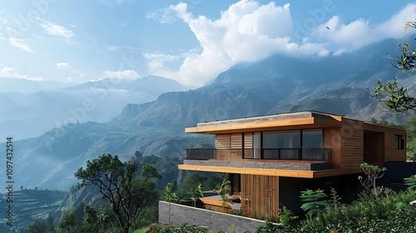 Fototapeta Robust completed projects timber in mountainous terrains emphasizing sustainable materials and sturdy construction