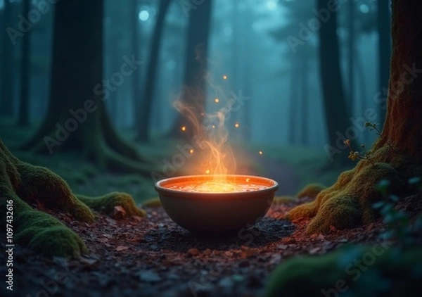 Fototapeta Mystical glowing cauldron emits sparks in a serene forest during twilight hours