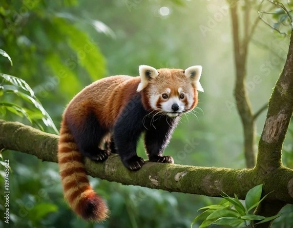 Obraz Adorable Red Panda Perched on a Tree Branch.Ailurus fulgens.