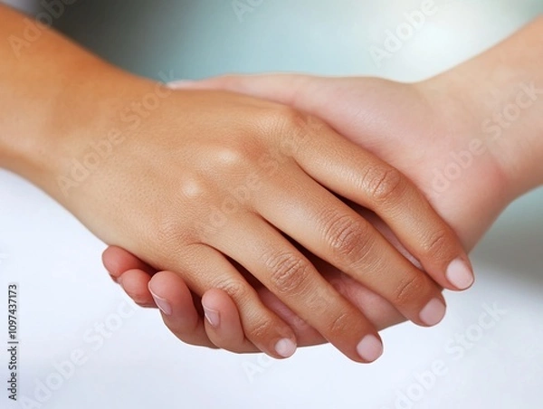 Fototapeta Close-up of two hands gently holding each other, showing support and connection.