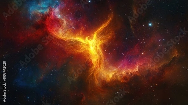 Fototapeta Fiery Phoenix Rising from Cosmic Nebula Mystical Space Fantasy Art