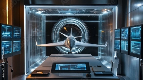 Obraz Wind tunnel testing model in action, showcasing aerodynamic principles and engineering innovation.