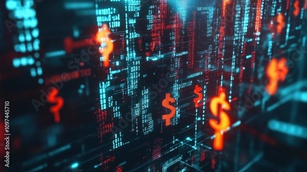 Fototapeta Abstract Digital Currency Background Glowing Dollar Signs and Binary Code in Red and Cyan