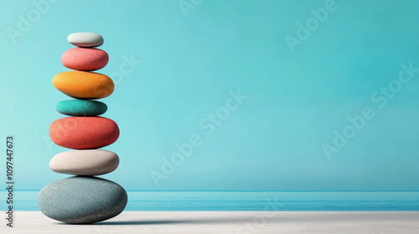 Obraz Emotional Balance. A stack of colorful stones balanced against a serene blue background, creating a calming and harmonious visual effect.