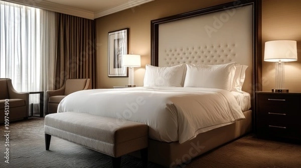 Fototapeta Luxurious Hotel Room Featuring a Comfortable King Size Bed