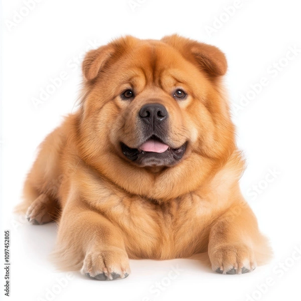 Obraz Fluffy chow chow dog lying on white background, showcasing its adorable features and playful expression. This breed is known for its lion like mane and friendly demeanor
