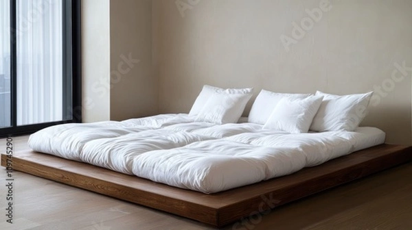 Fototapeta White bedding on a wooden platform bed in a minimalist room