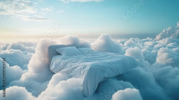 Fototapeta A Serene Bed Floating Amongst Soft Clouds