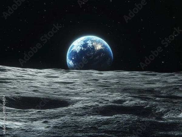 Fototapeta Stunning 3D Render of Earth Rising Above the Lunar Surface A Breathtaking Space Scene