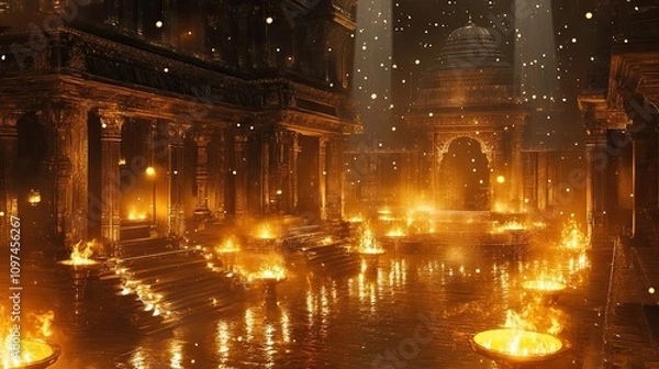 Obraz An Ethereal Golden Temple Illuminated by Flames and Floating Lights