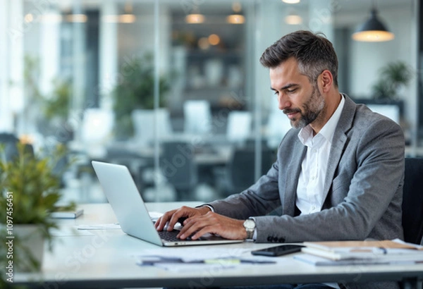 Fototapeta A professional man in a gray suit is focused on his laptop in a bright, modern office. The workspace is clean, with a calm atmosphere, emphasizing productivity and successful business endeavors.