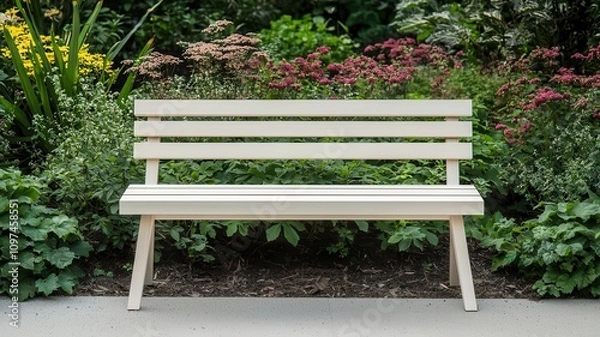 Fototapeta A simple wooden bench is surrounded by vibrant flowers and lush greenery in a tranquil garden setting.