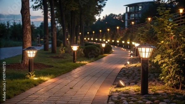 Fototapeta A vibrant pathway illuminated by embedded solar lamps showcasing a harmonious blend of light and power.