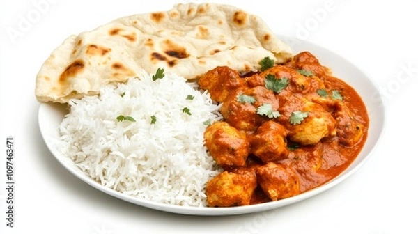 Fototapeta A mouthwatering plate of chicken tikka masala served with basmati rice and garlic naan, Each tender piece of chicken and aromatic curry sauce captured with precision