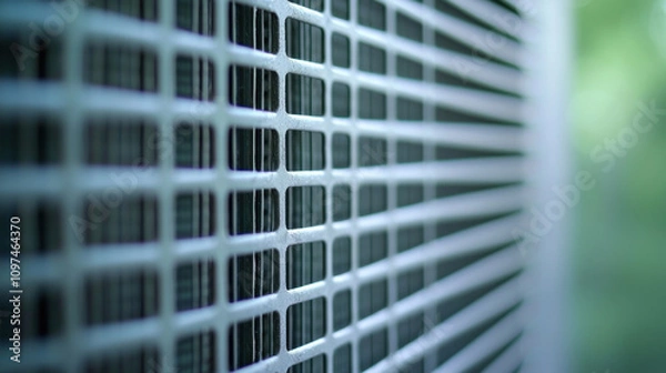 Fototapeta Close up of air conditioner condenser showing its metal mesh filter, highlighting intricate design and structure. image conveys sense of coolness and efficiency