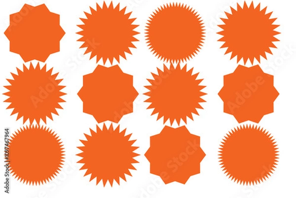 Fototapeta Starburst red sticker set - collection of special offer sale round and oval sunburst labels and buttons isolated on white background. Stickers and badges with star edges for promo advertising.