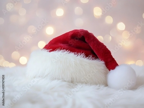 Obraz Classic Christmas hat with white fur trim and pom-pom, isolated on a plain white background for a festive winter theme.