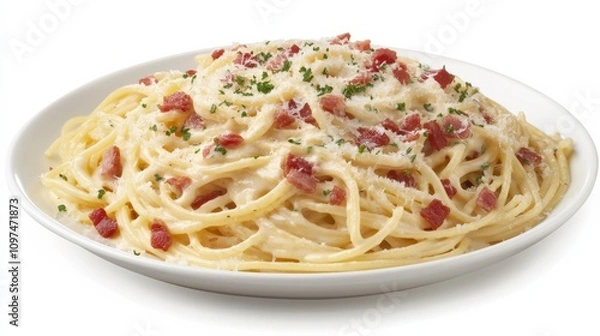 Fototapeta A mouthwatering plate of spaghetti carbonara with crispy pancetta, creamy egg sauce, and grated pecorino cheese