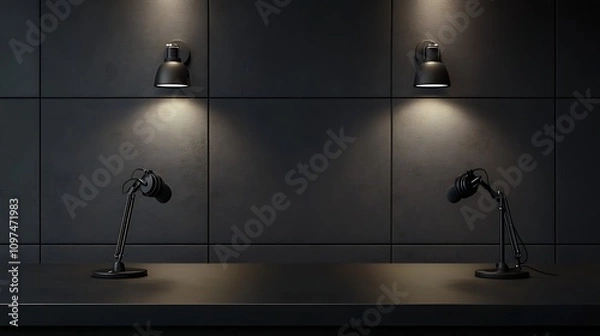 Fototapeta A minimalist podcast studio design featuring a dark table, two microphones, studio headphones, and a simple wall design with acoustic panels.