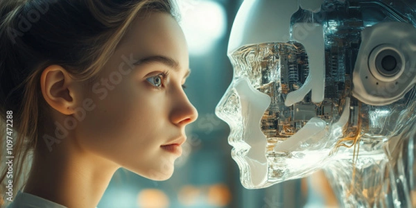 Fototapeta Businesswoman talking with robotic ai futuristic technology