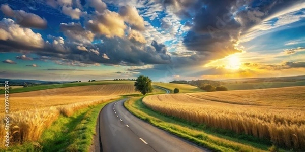 Fototapeta Golden Hour Countryside Road A Serene Winding Asphalt Path Through Rolling Fields of Wheat at Sunset