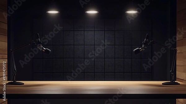 Fototapeta A sleek podcast studio setup with a wooden table, two professional microphones on adjustable arms, studio lighting, and a soundproofed background with acoustic foam panels.