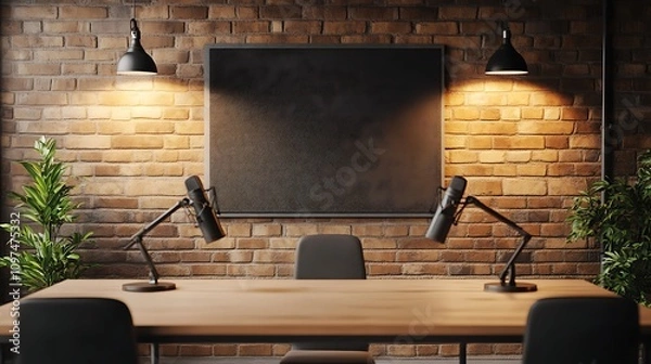 Fototapeta A minimalist podcast studio with a clean and modern design, featuring a table with microphones on boom arms, professional headphones, and acoustic panels on the walls.