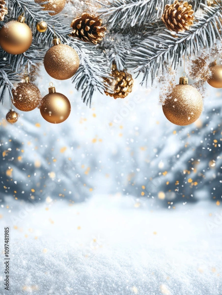 Fototapeta Winter Wonderland: A serene forest scene, adorned with glistening snow, frosted pine branches, and golden Christmas ornaments, exudes a magical and festive ambiance.  