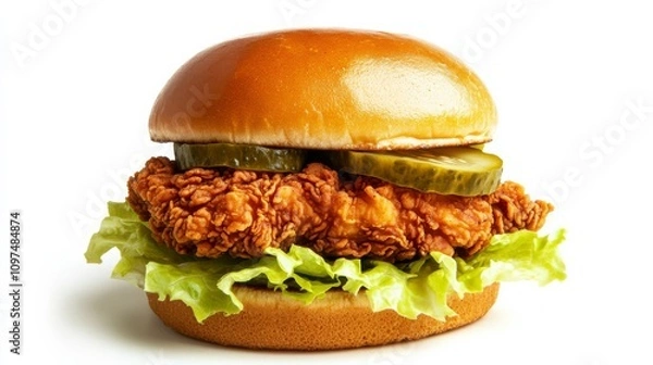 Fototapeta A perfectly assembled fried chicken sandwich with a soft bun, crispy fried chicken, fresh lettuce