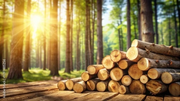 Fototapeta A sunlit stack of freshly cut logs rests on a wooden surface in a vibrant forest setting