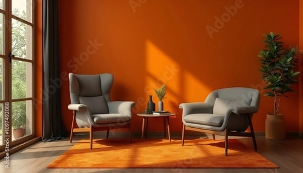 Fototapeta Modern Seating Area with Orange Accent Wall