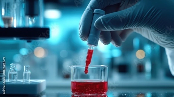 Fototapeta Hand of a Scientist in a Lab Dropping Red Liquid from a Pipette into a Beaker, Close-Up on Scientific Research and Experimentation in Modern Laboratory Environment